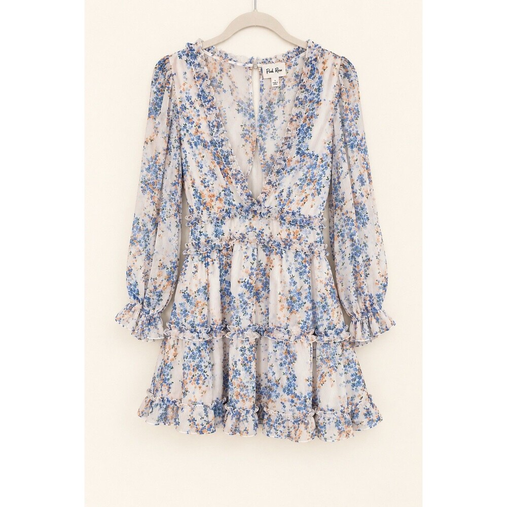 Rails Floral Ruffle V-Neck Open Back Mini Dress Long Bell Sleeve Size S